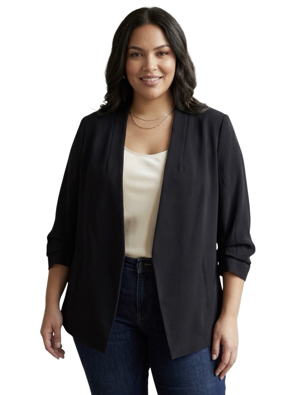 Rachel Zoe Ruched Sleeve Open Front Black Power Blazer Size 1X